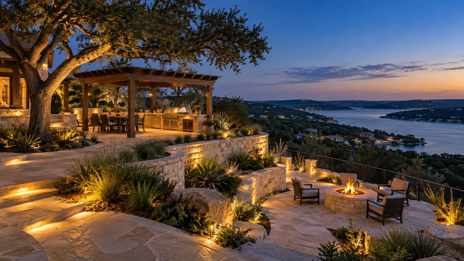 Terraced flagstone patio with a fire pit, limestone seat walls, outdoor kitchen pavilion and landscape lighting overlooking Lake Travis at dusk