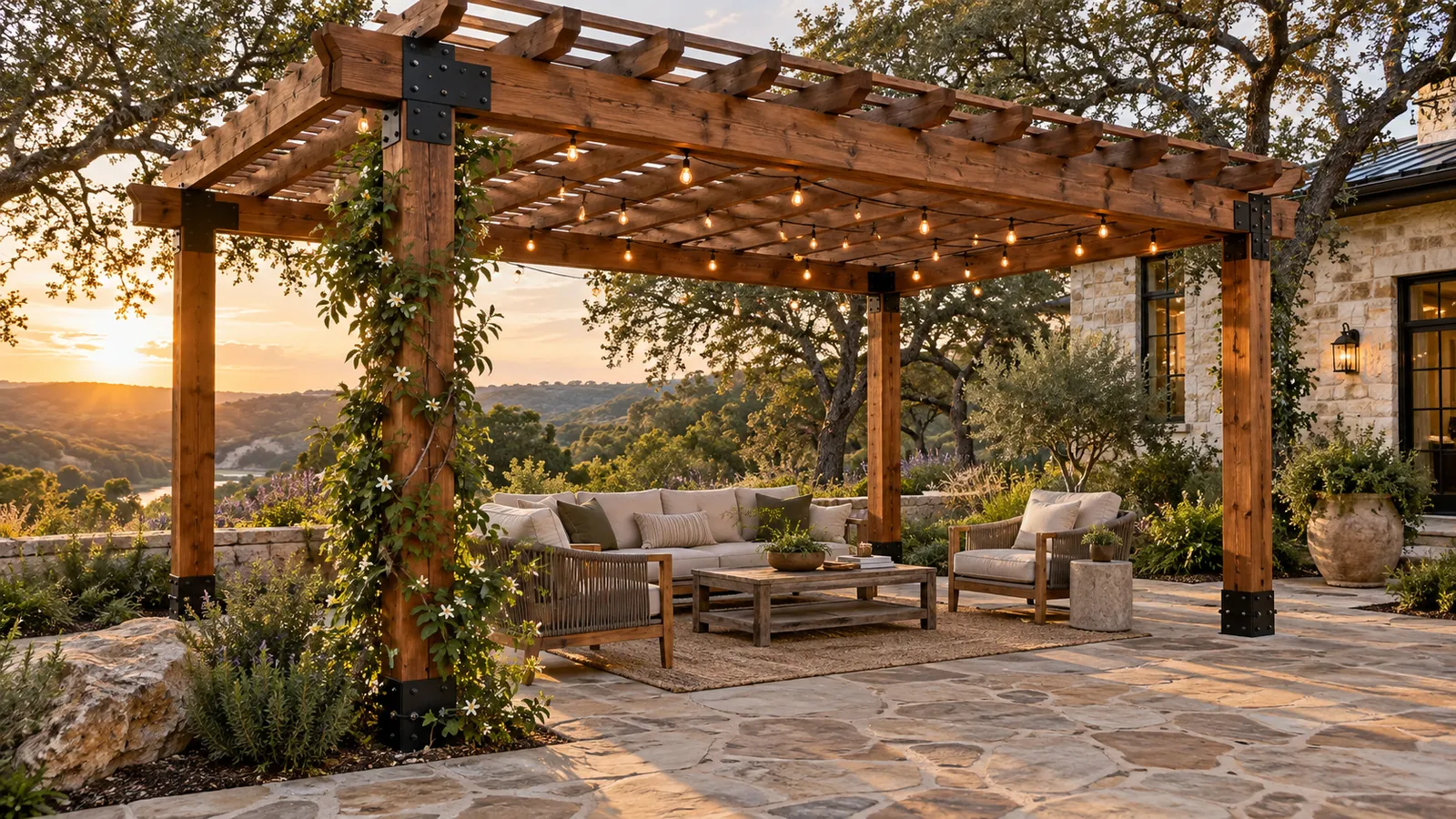 Stained cedar pergola with black steel brackets, string lights and climbing vines over a flagstone patio lounge area