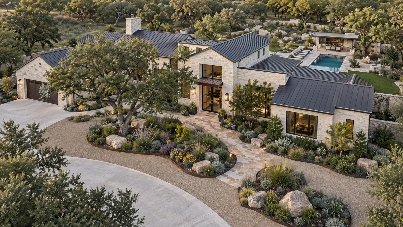 Aerial view of a custom landscape design around a limestone Hill Country home: curved beds, boulders, native plantings, flagstone paths and a live oak