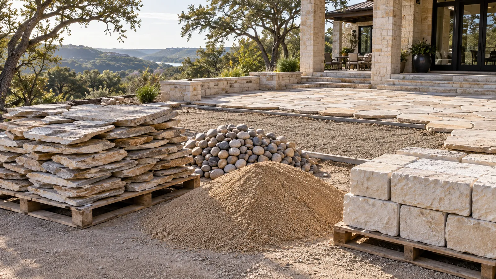 Pallets of flagstone and limestone blocks with piles of river rock and sand staged beside a patio under construction