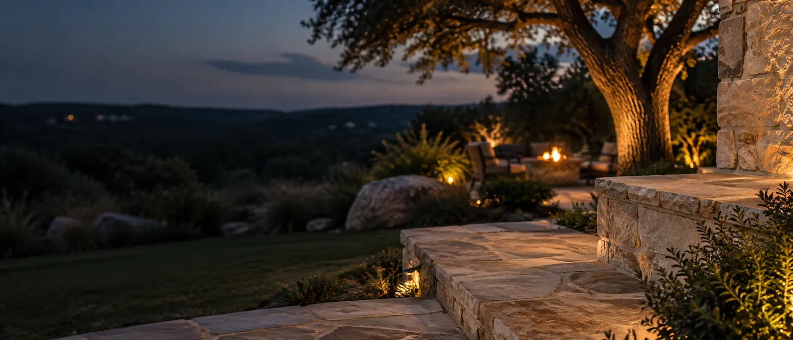 Flagstone patio steps and a live oak lit by warm landscape lighting at dusk, with a fire pit glowing across a Hill Country backyard