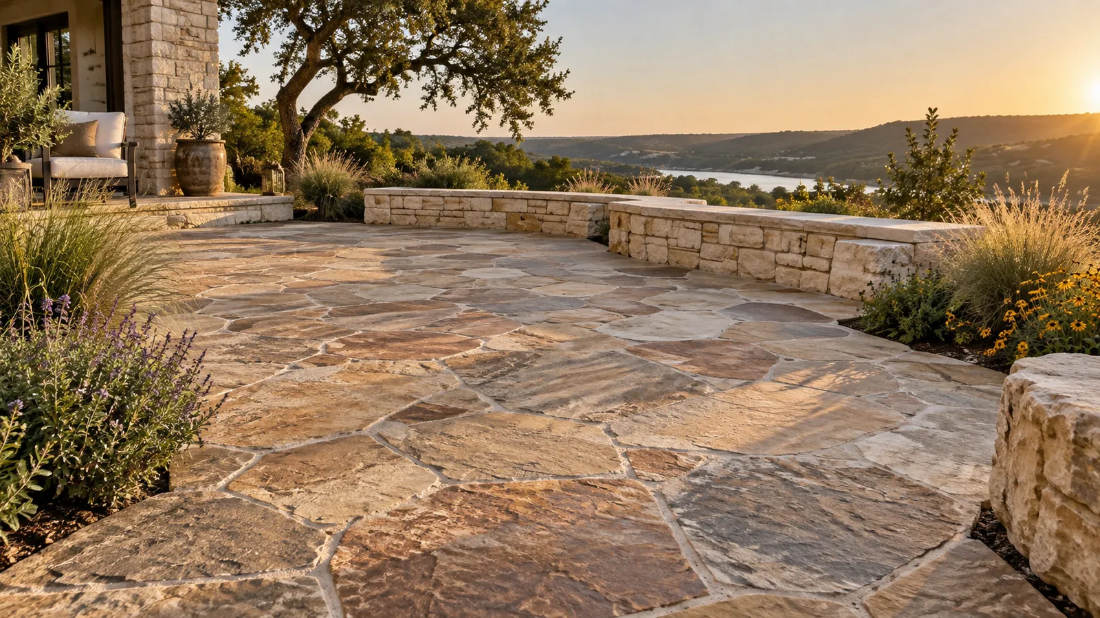 Large mortared Oklahoma flagstone patio with a limestone seat wall and native plantings overlooking Lake Travis at sunset