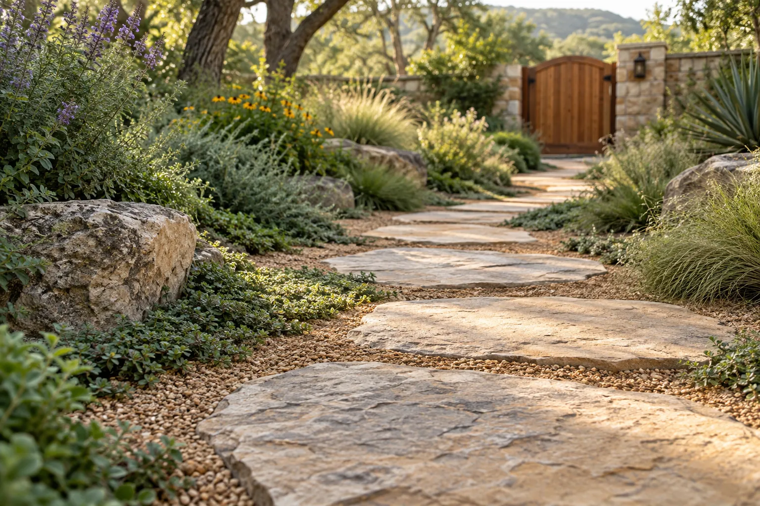 Flagstone stepping-stone walkway set in decomposed granite, winding through a native garden to a cedar gate