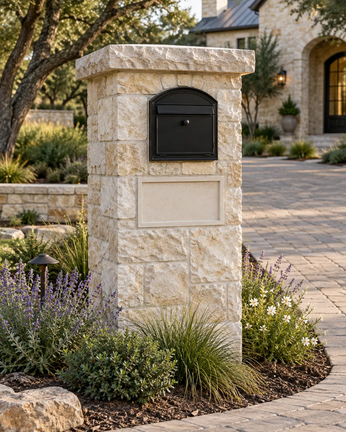 Custom limestone mailbox column with a black mailbox and address plaque in a native planting bed beside a paver driveway