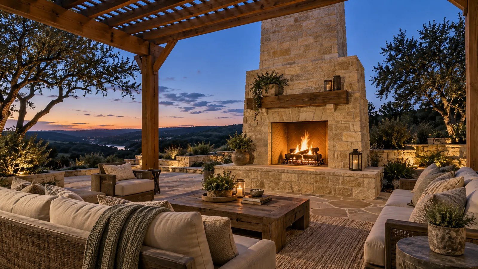 Limestone outdoor fireplace with a cedar mantel and a crackling fire, deep outdoor sofas under a cedar pergola at twilight
