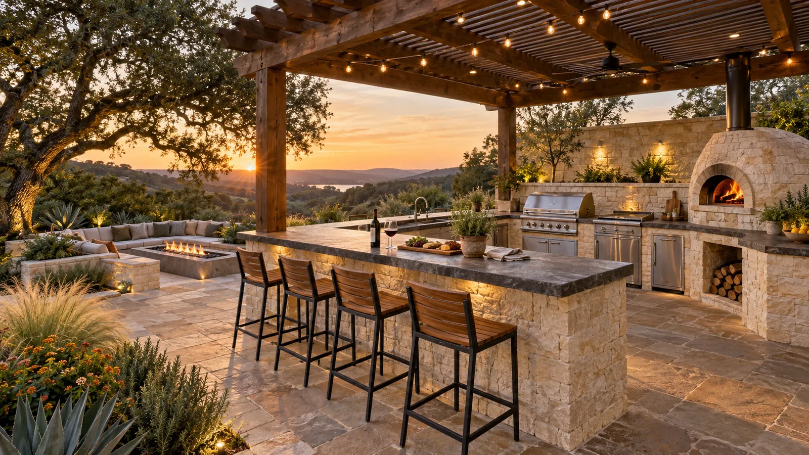Limestone outdoor kitchen with a granite bar top, built-in grill, wood-fired pizza oven and barstools under a cedar pergola at sunset