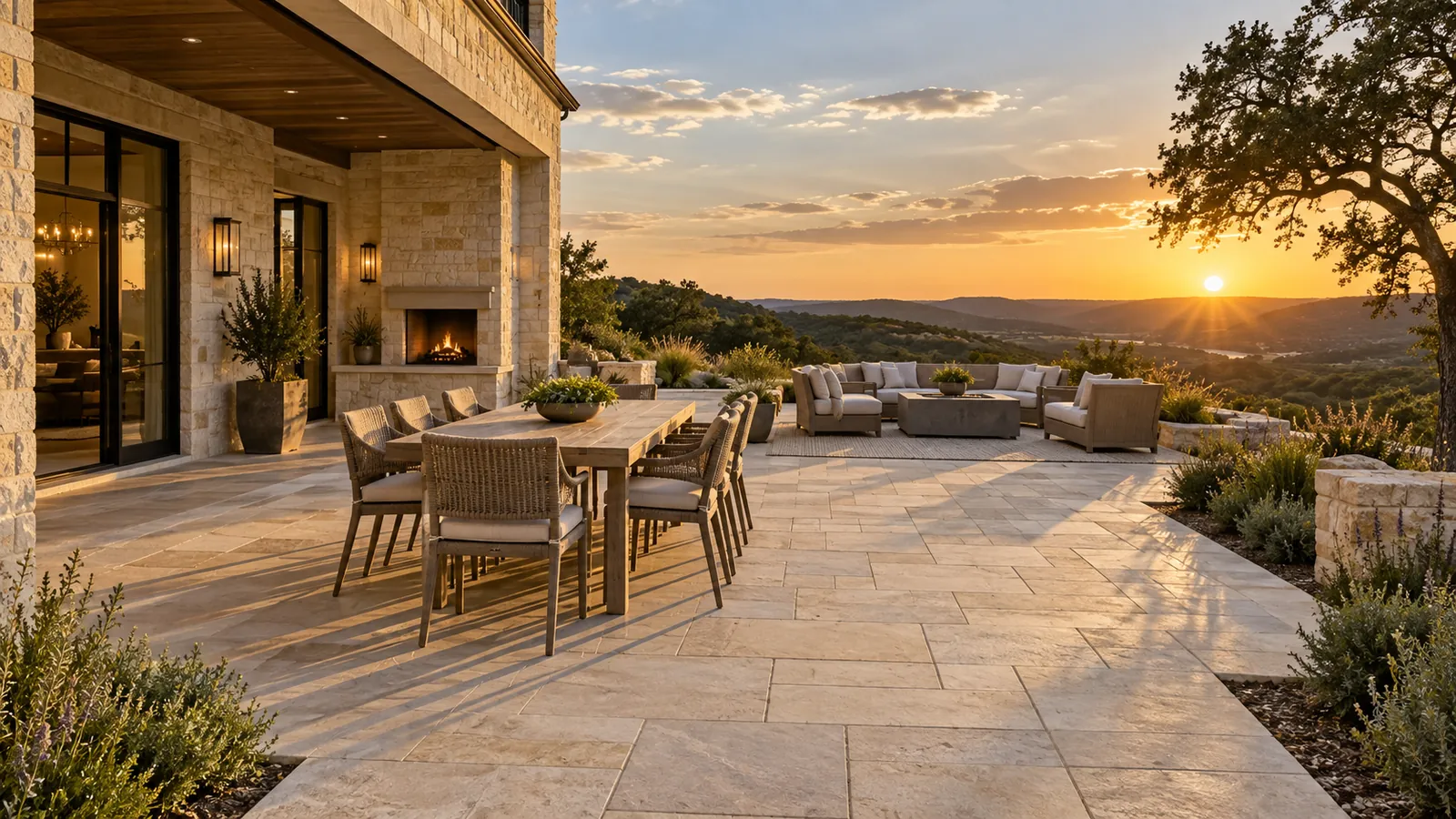 Large-format paver patio with an outdoor dining table, lounge seating and a limestone fireplace on a Hill Country home at sunset
