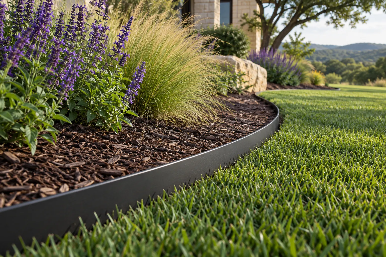 Black steel landscape edging forming a smooth curve between a green lawn and a mulched bed of salvia and Mexican feather grass