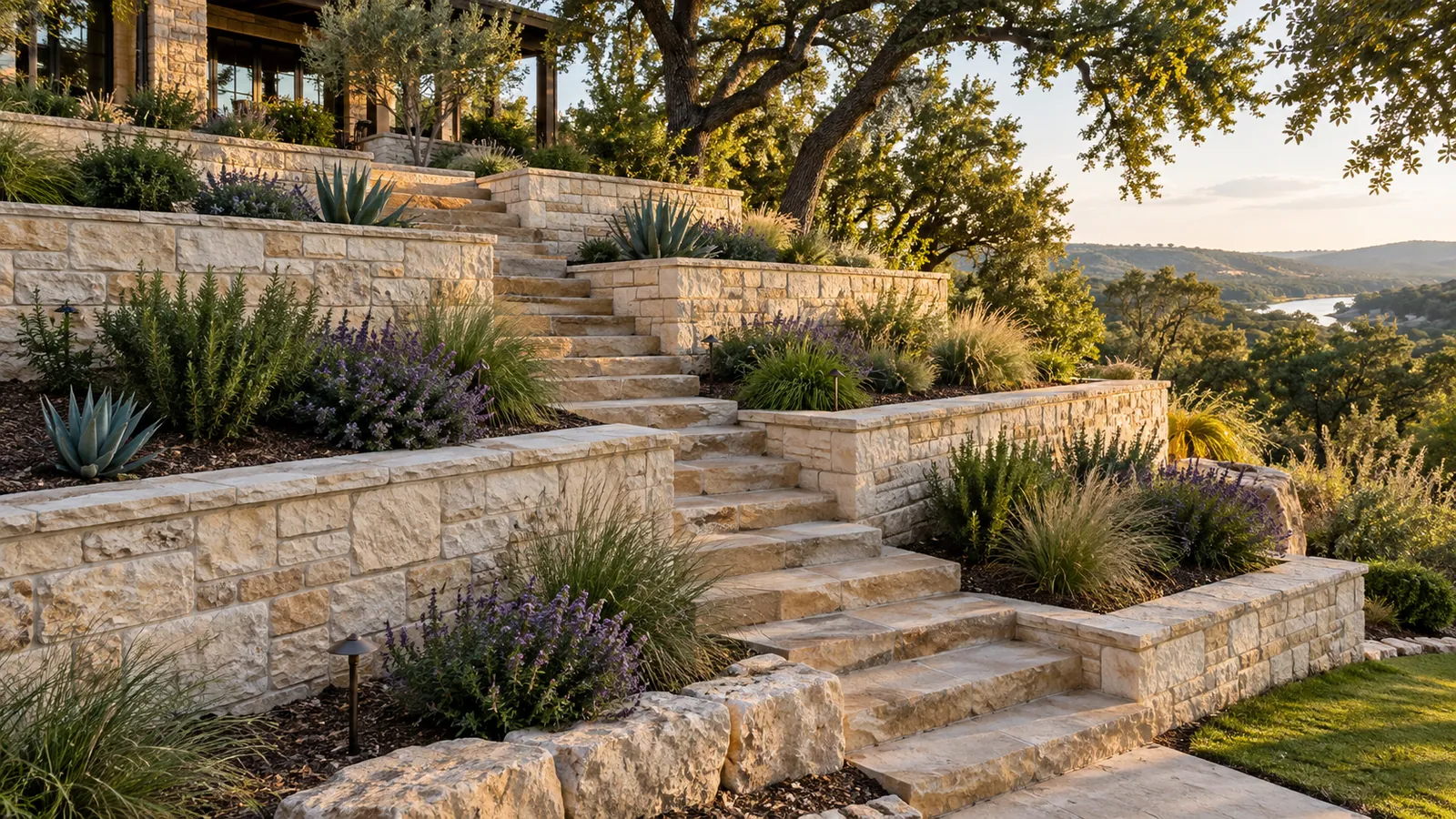 Terraced limestone retaining walls with planting beds and wide limestone steps climbing a sloped Hill Country backyard